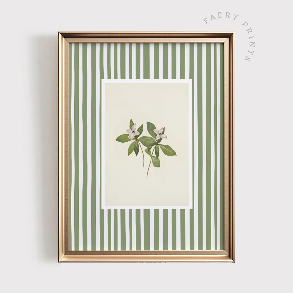 Green Floral Print Pastel Stripe Botanical Art Print