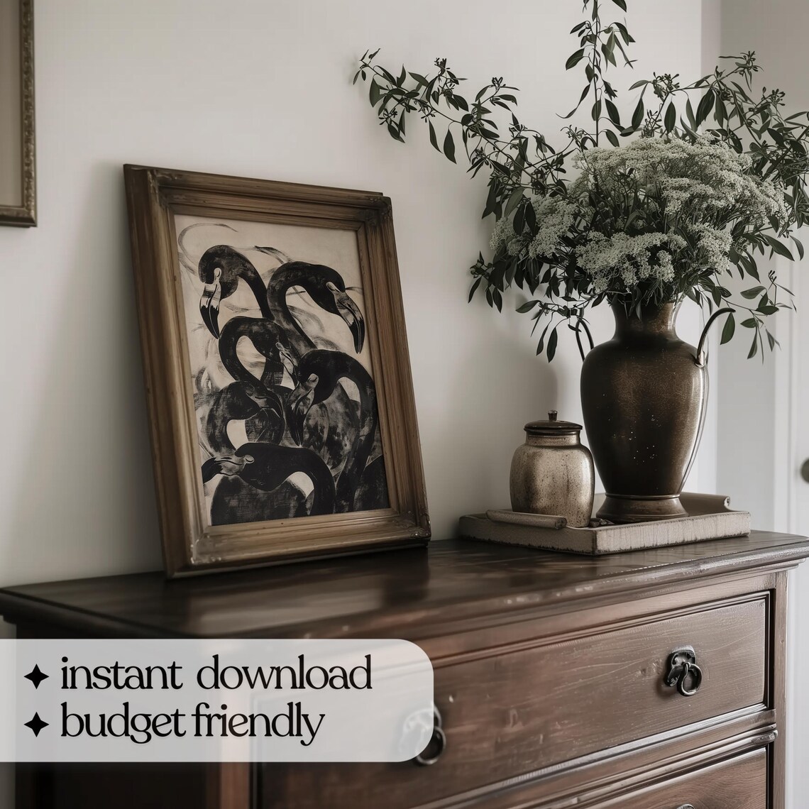 Abstract Flamingo Art Print, Vintage Black Monochrome - Image 3