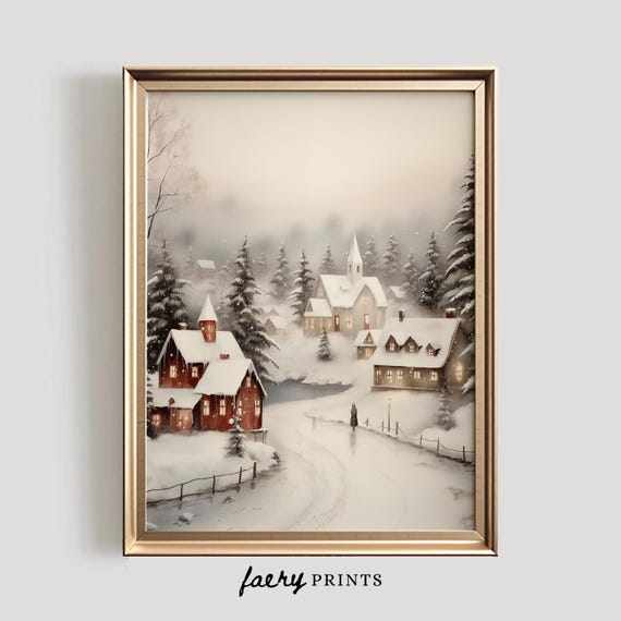 Winter Watercolor Christmas Village Holiday Art Print