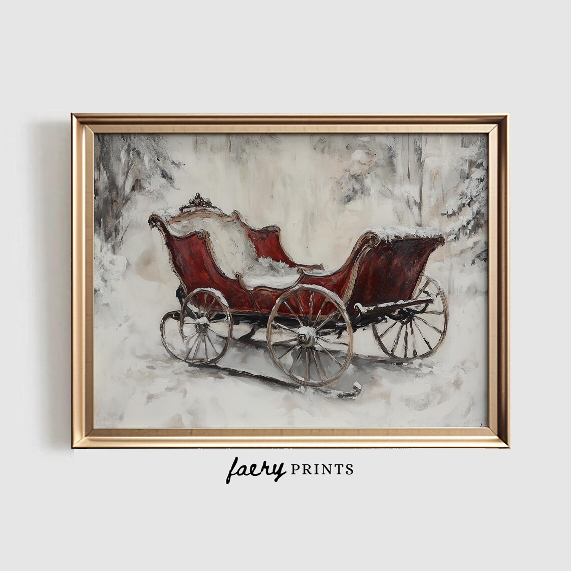 Vintage Red Horse Sleigh Covered in Snow Rustic Christmas Poster