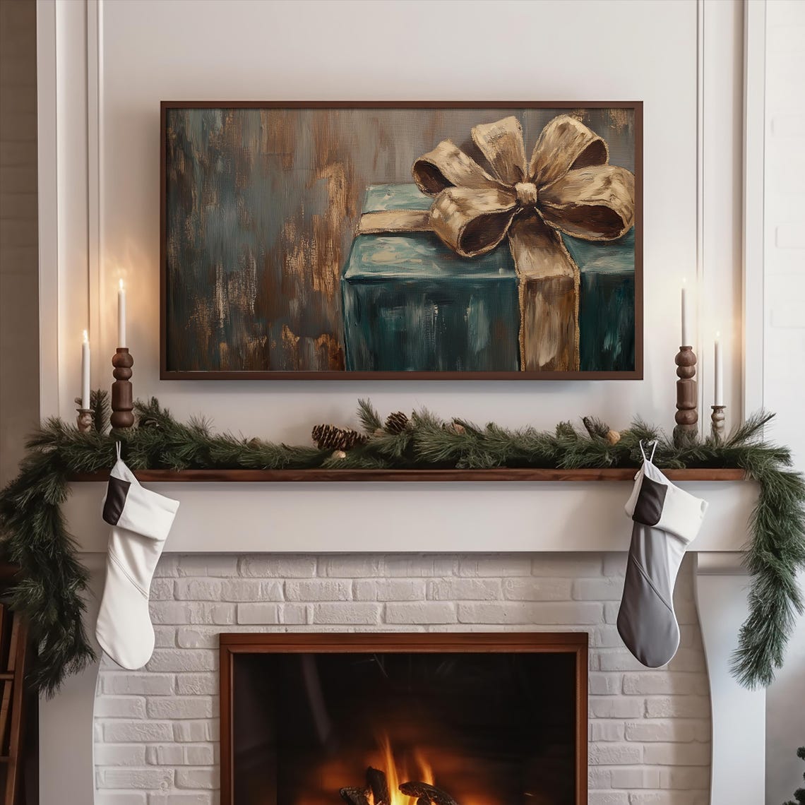 Rustic Teal Christmas Gift Box With Gold Bow Frame TV Art Print