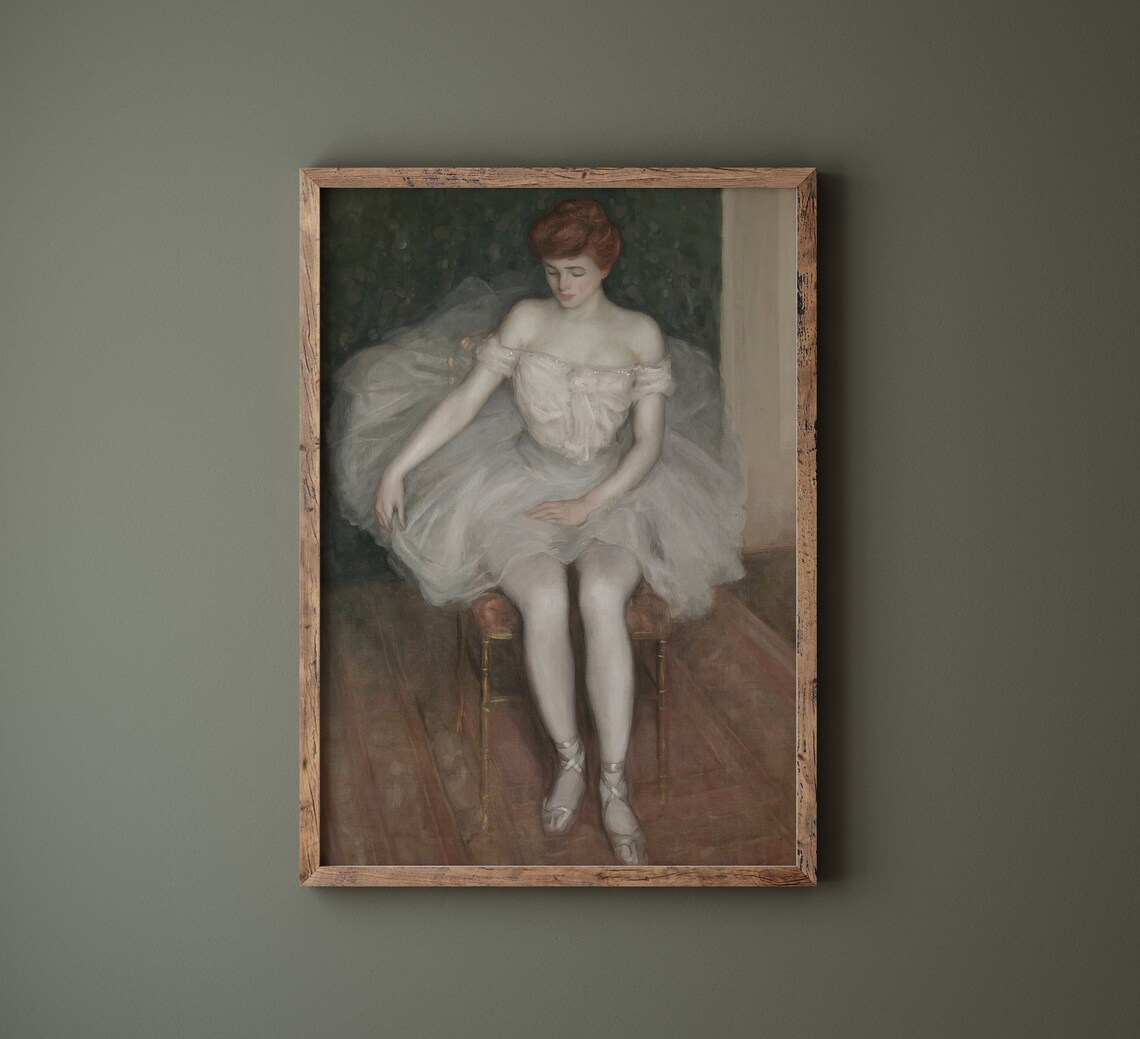 Ballerina in White Tutu Resting on Chair Vintage Oil Painting Poster - Image 3