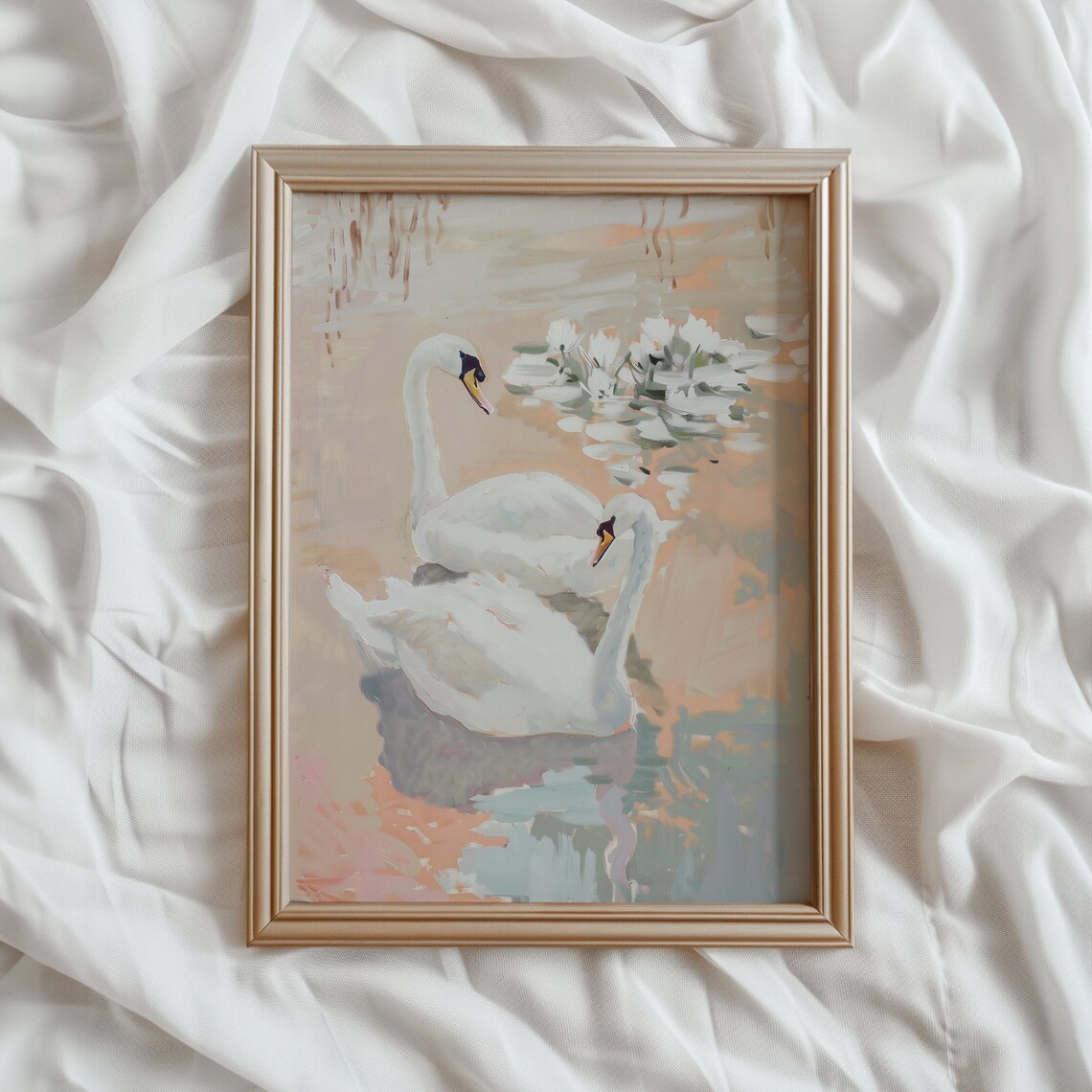 Pair of White Swans Water Lilies Soft Pastel Painting Poster