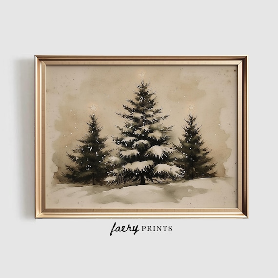 Vintage Christmas Tree Landscape Art Print