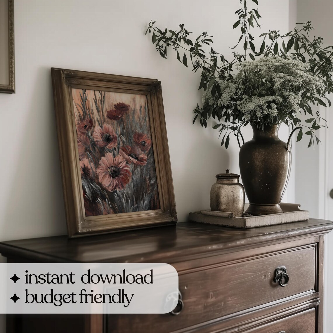 Moody Flowers Print, Vintage Burgundy Floral Art - Image 4