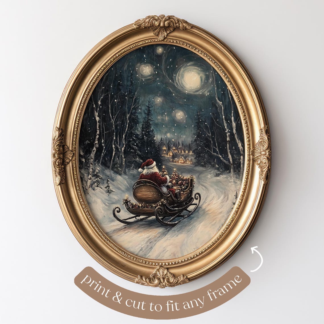 Santa Claus Sleigh Journey Through Moonlit Snowy Forest Poster - Image 3