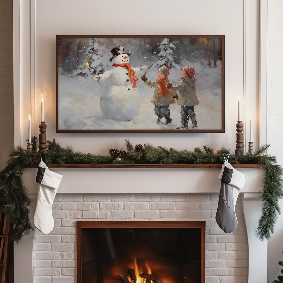 Snowman And Two Children Playing In Fresh Snow Painting Poster