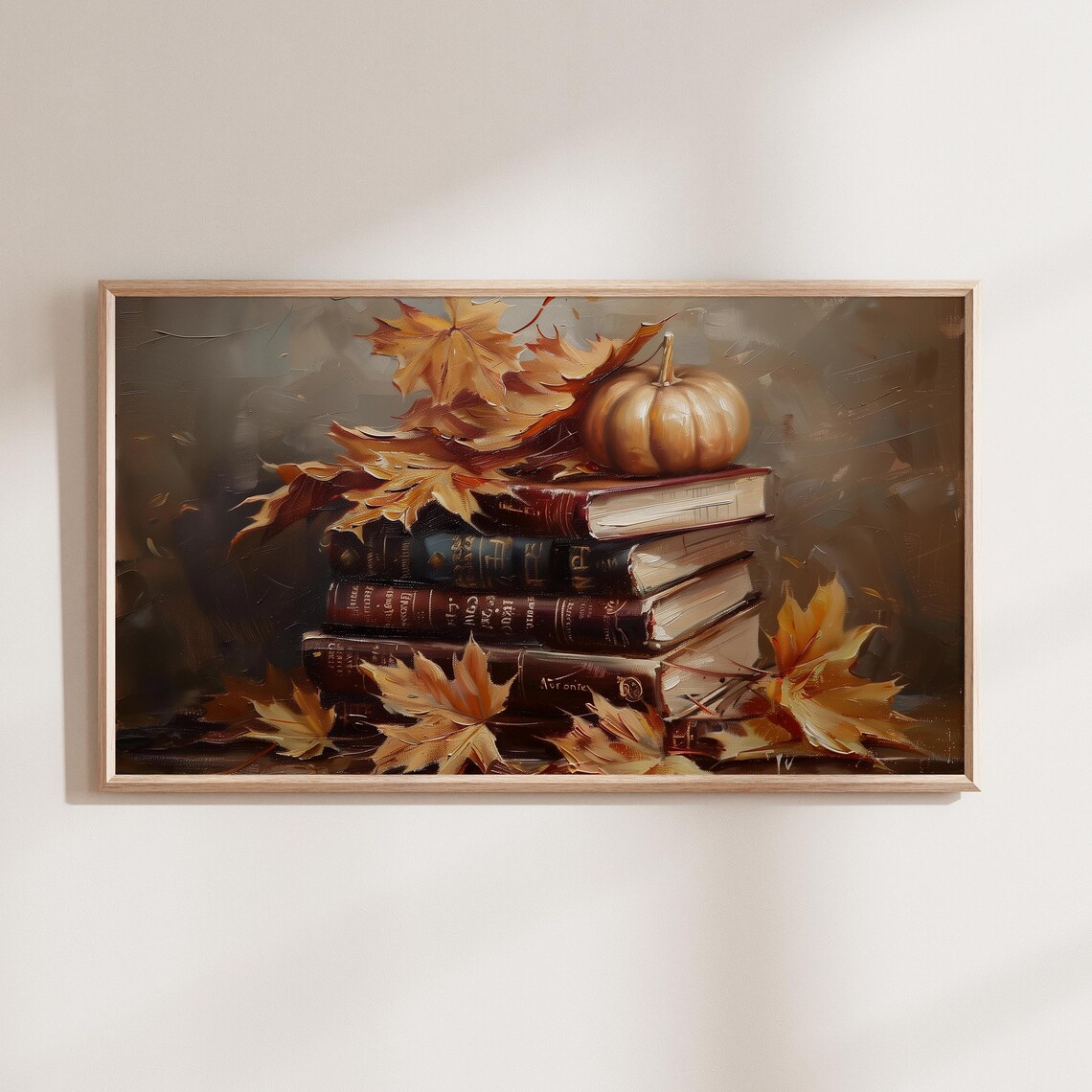 Rustic Fall Still Life Stack Of Books With Pumpkins Autumn Leaves TV Art Poster - Image 2