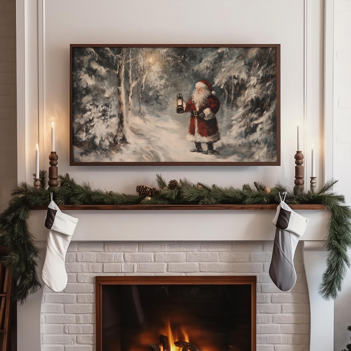 Vintage Santa Claus Lantern Snowy Forest Christmas TV Art Print