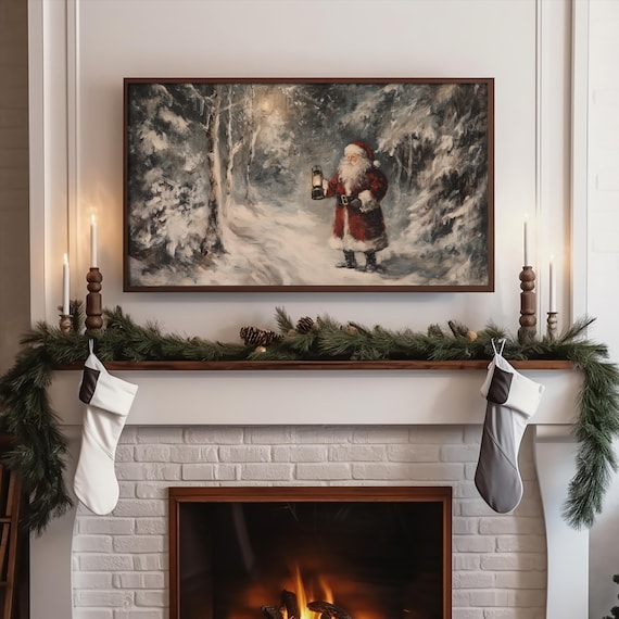 Vintage Santa Claus Lantern Snowy Forest Christmas TV Art Print