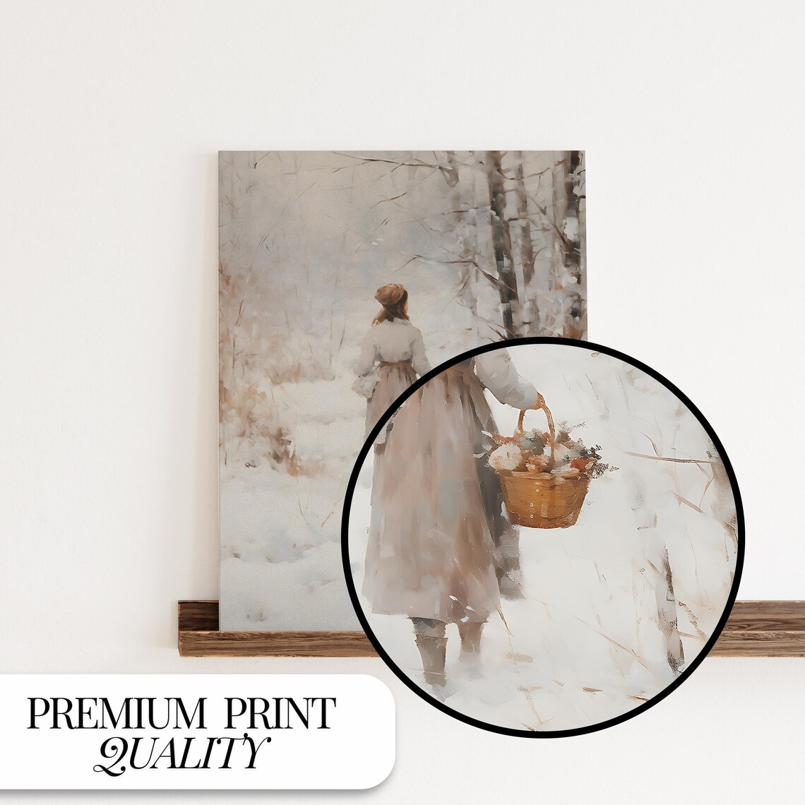 Woman With Basket Walking Snowy Birch Forest Winter Painting Poster - Image 4