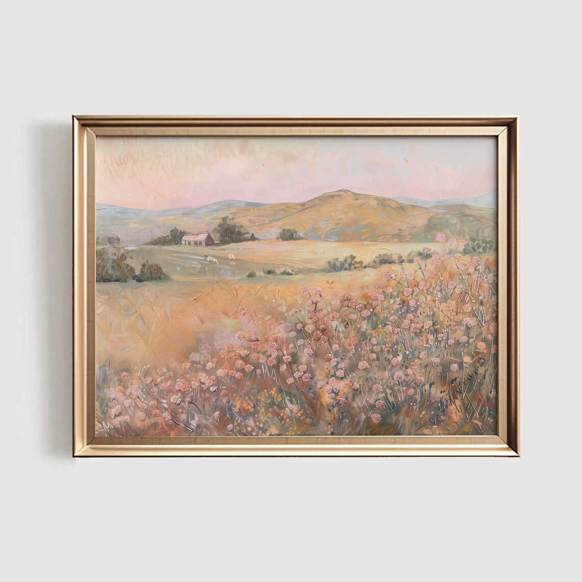 Pastel Wildflower Landscape, Vintage Farmhouse Art Print