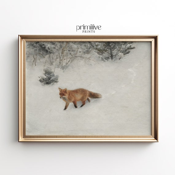 Winter Fox Painting, Vintage Wildlife Seasonal Art Print