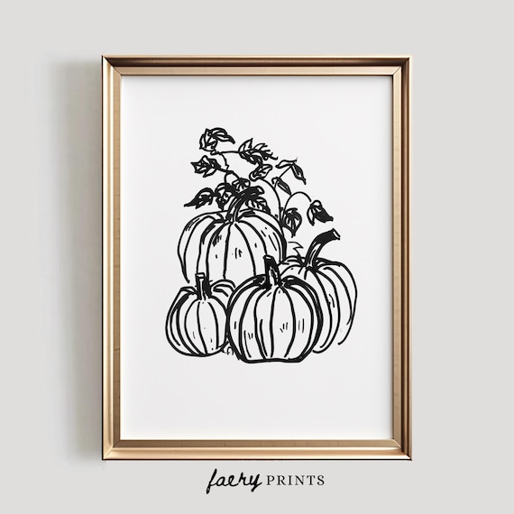 Minimalist Black Line Drawing Pumpkins with Vines Sketch Poster