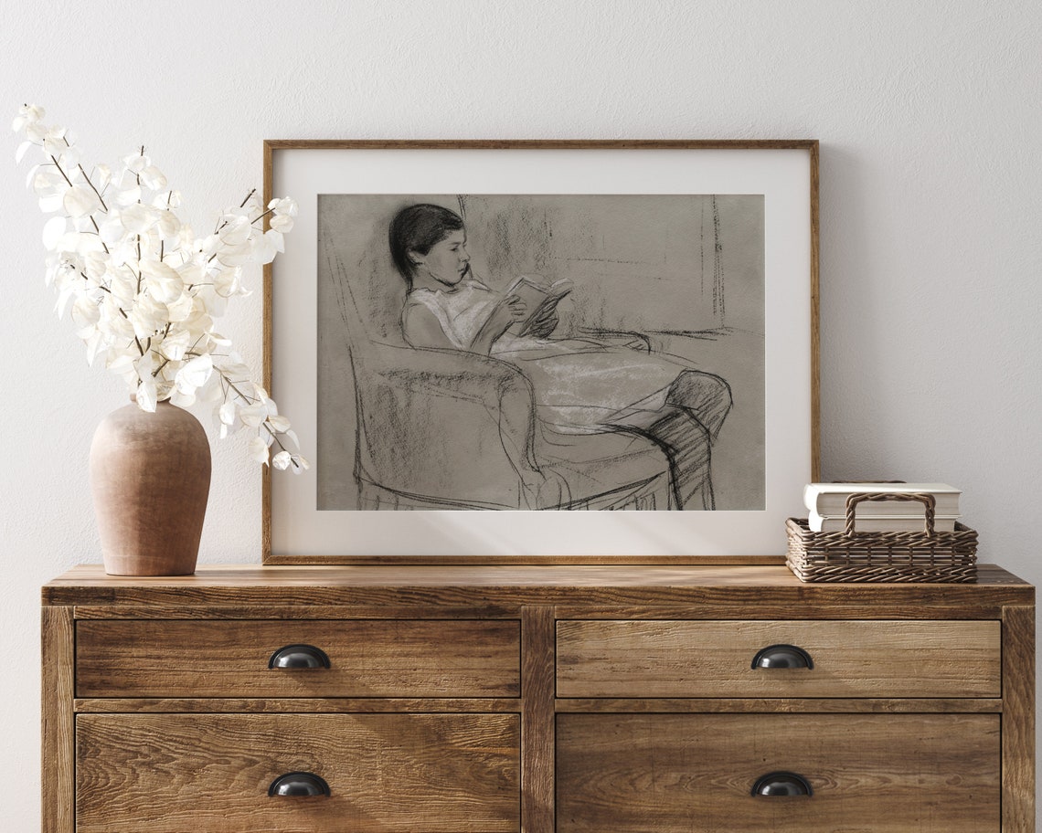 Girl Reading Book Charcoal Sketch Vintage Reader Study Art Print