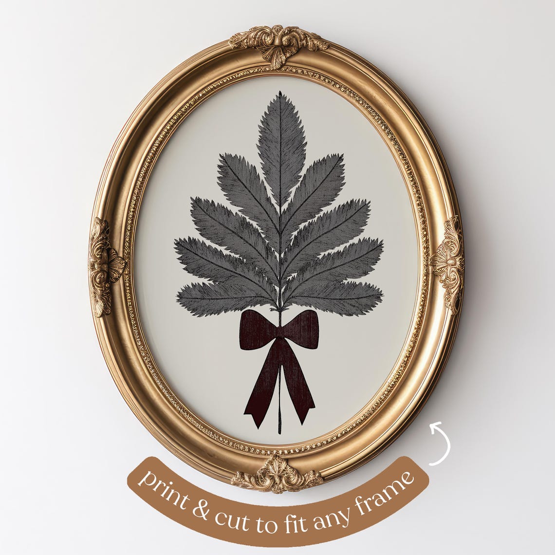 Gray Botanical Leaf Sprig with Red Bow Minimal Christmas Art Poster - Image 4