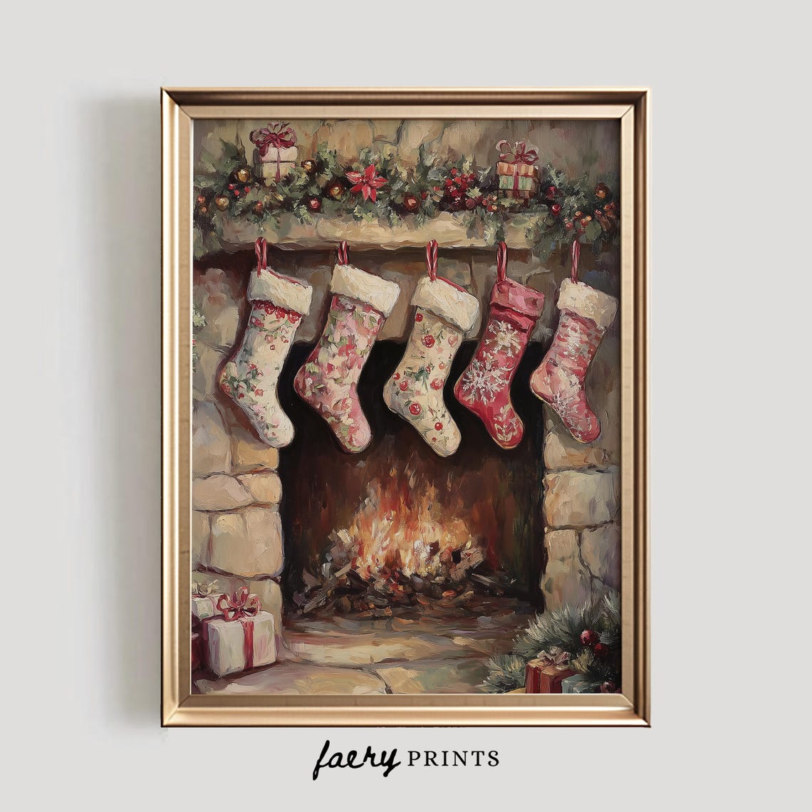 Five Patterned Christmas Stockings on Festive Fireplace Mantel Poster