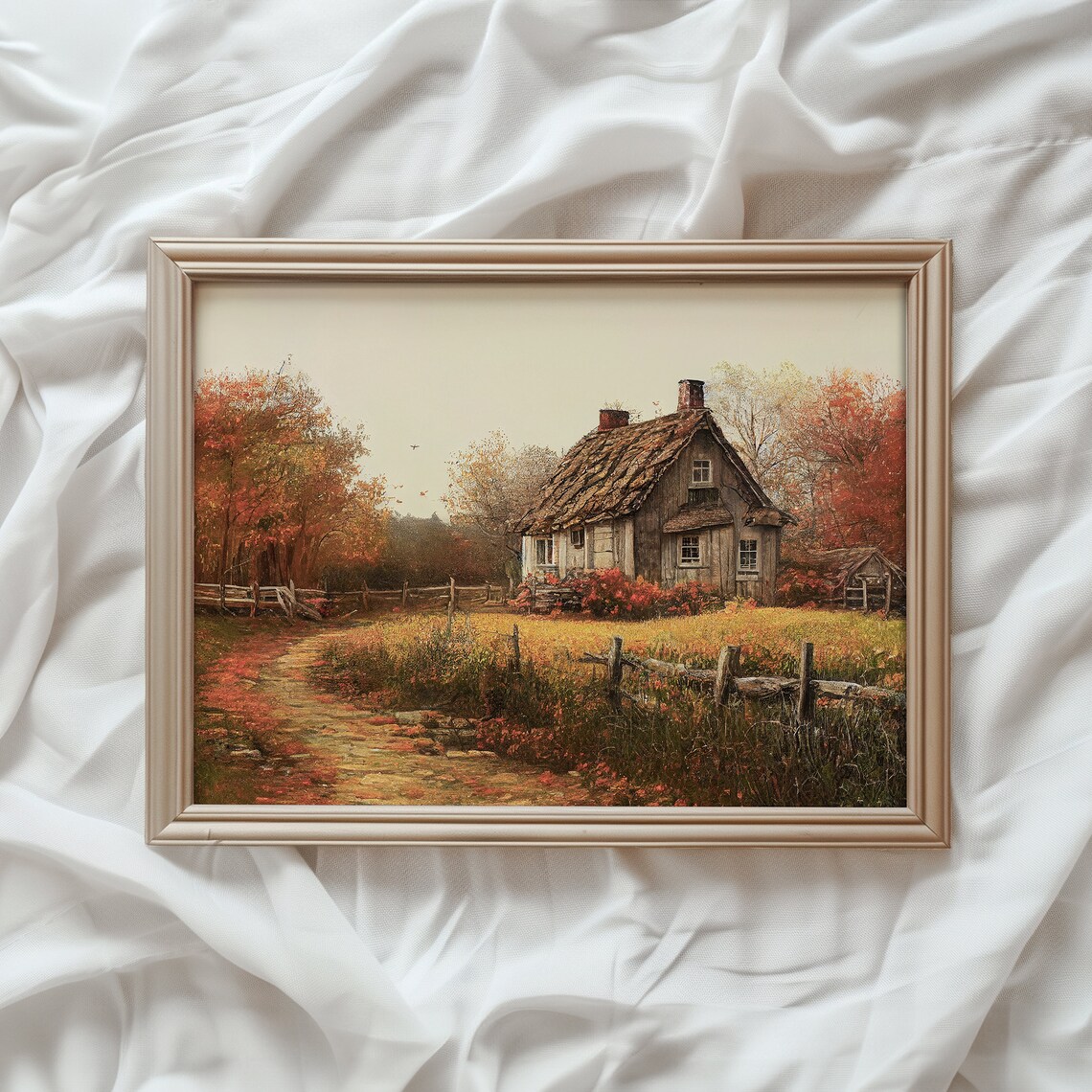 Autumn Landscape Country Cottage, Fall Farmhouse Art Print