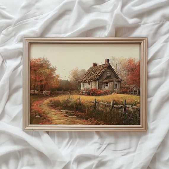 Autumn Landscape Country Cottage, Fall Farmhouse Art Print