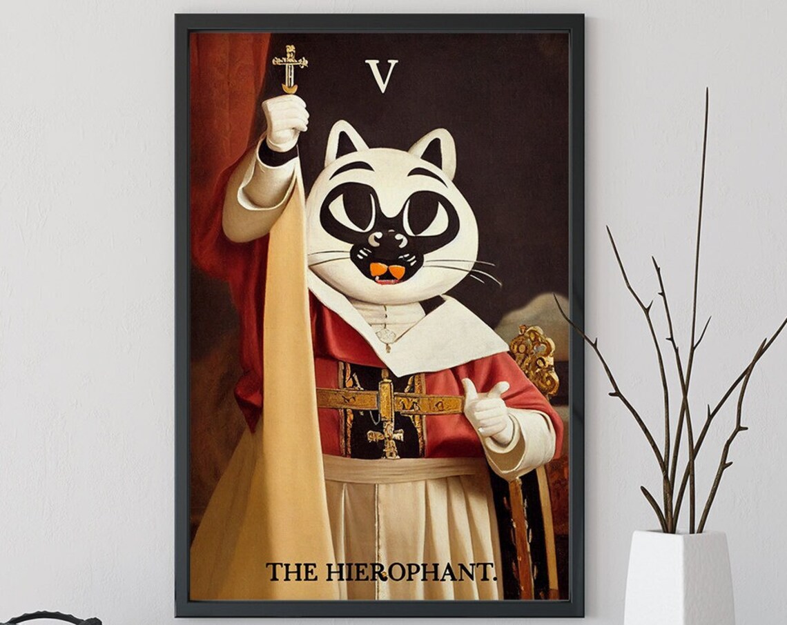 The Hierophant Cat Pope Tarot Card Funny Feline Portrait Art Poster