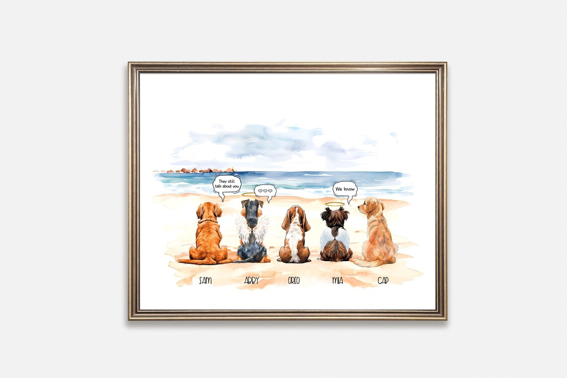Personalized Five Dogs at Beach Watercolor Pet Memorial Poster