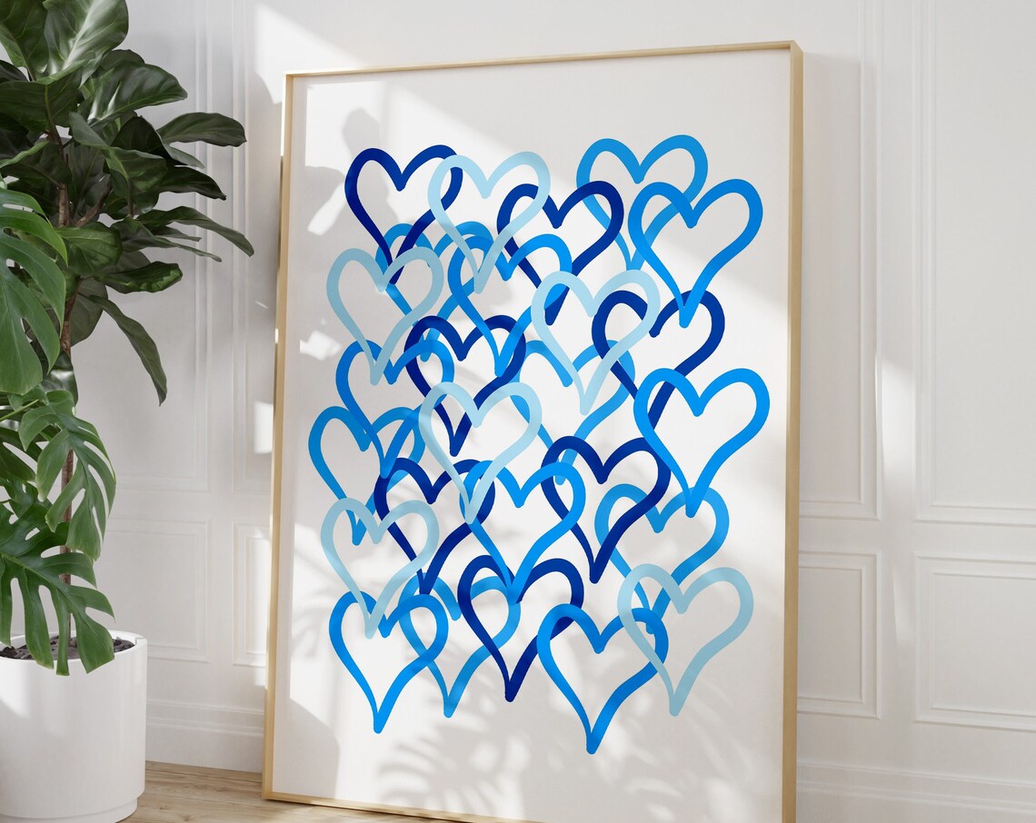 Abstract Hearts Art Preppy Wall Y2k Blue Poster Trendy Posteraesthetic College Decor