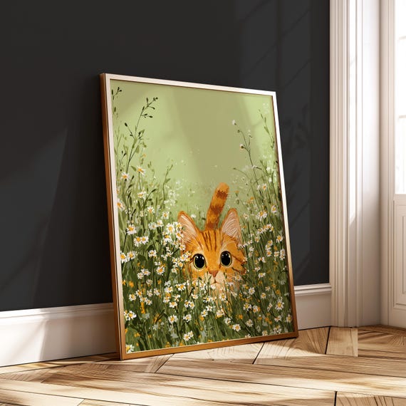 Orange Tabby Cat Print Cute Kitten In Chamomile Field Wall Art Whimsical Floral Poster