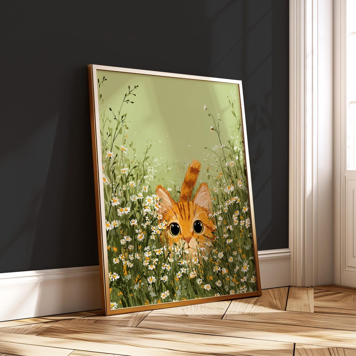 Orange Tabby Cat Print Cute Kitten In Chamomile Field Wall Art Whimsical Floral Poster