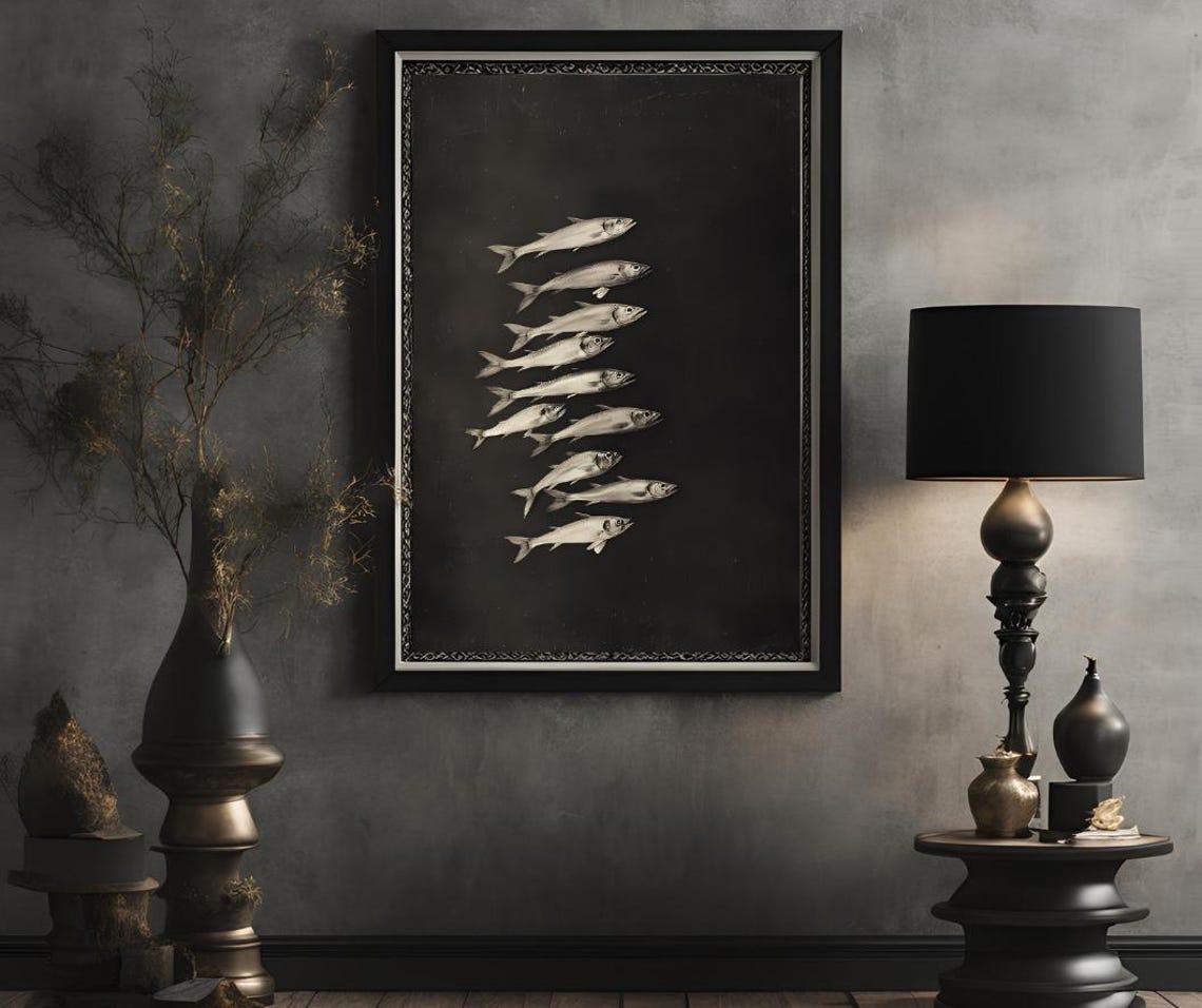 Black Fish Print Dark Wall Art Nautical Prints Coastal Poster Black Background Art Fish Prints Wall Art Nautical Wall Art Sealife Art - Image 2