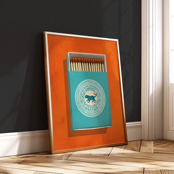 Tiger Matchbox Poster Retro Wall Art Print Orange Teal