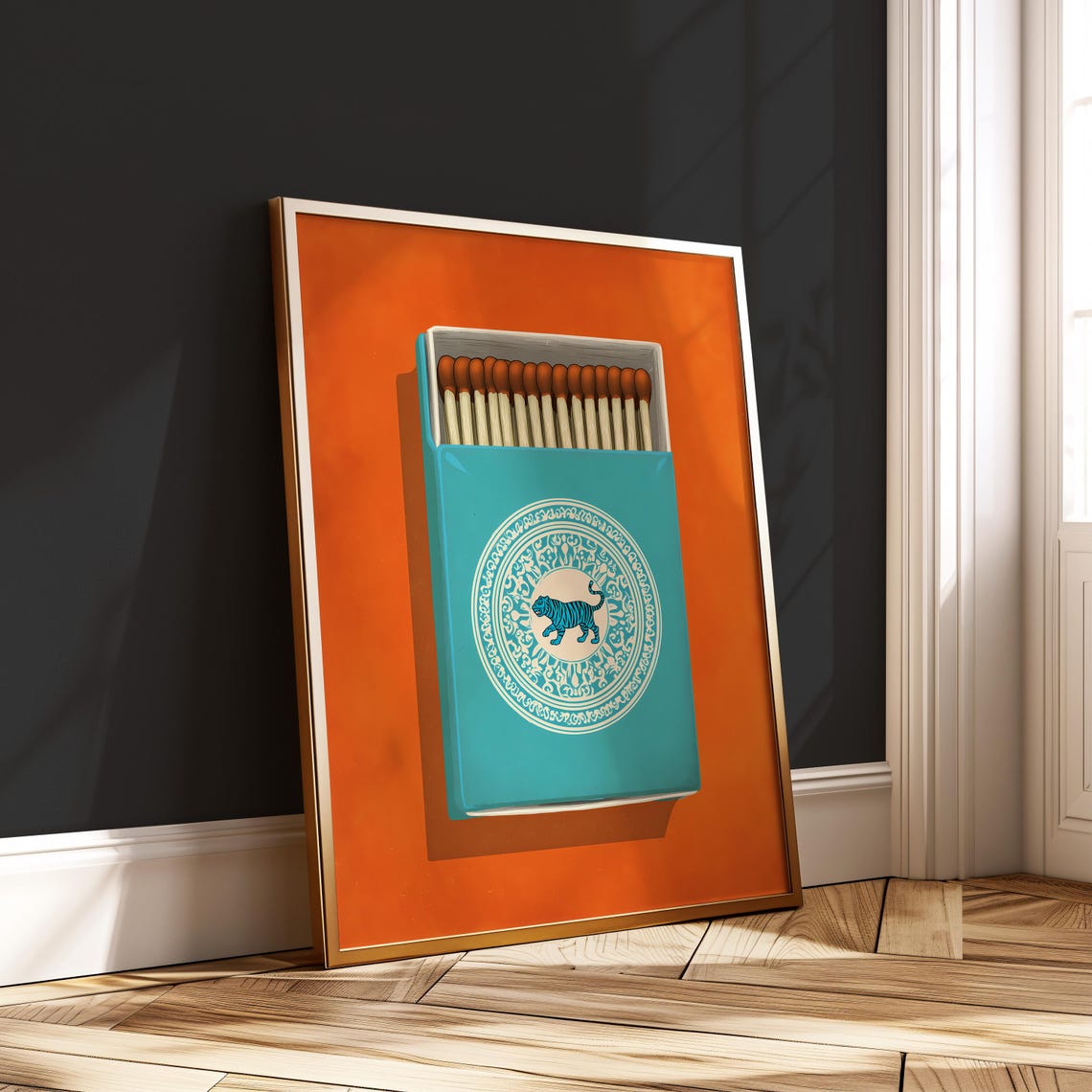 Tiger Matchbox Poster Retro Wall Art Print Orange Teal