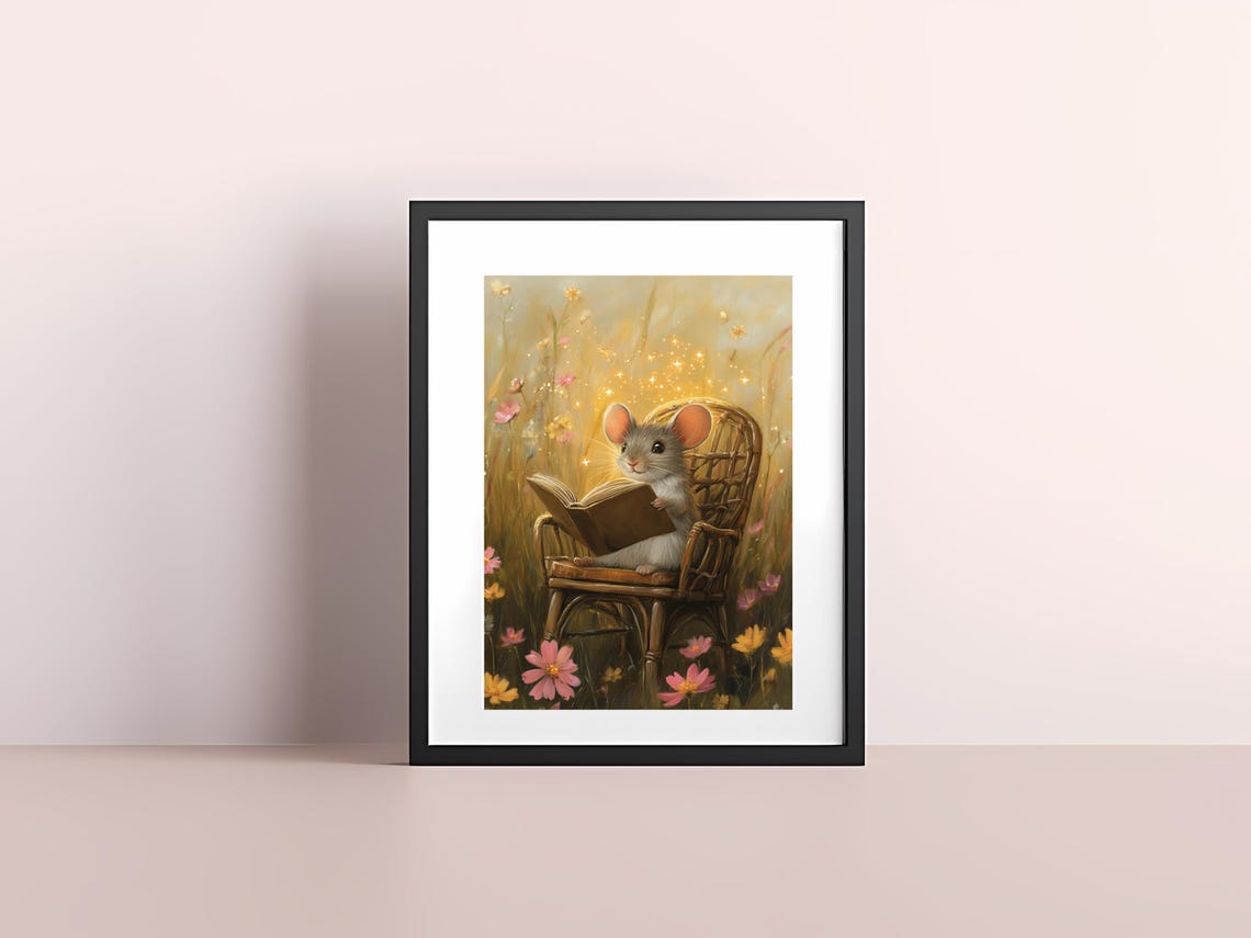 Charming Little Mouse Reading a Book in a Sunlit Flower Meadow Poster