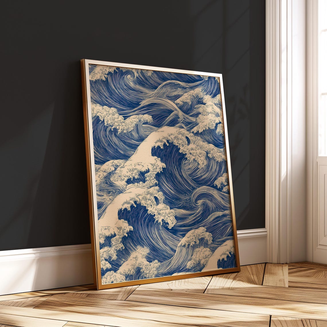 Japanese Wave Pattern Indigo Ocean Line Art Wall Decor Print