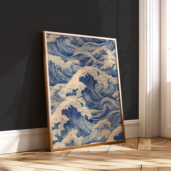 Seamless Japanese Wave Pattern Vintage Ocean Line Art Wall Print Traditional Minimalist Zen Decor
