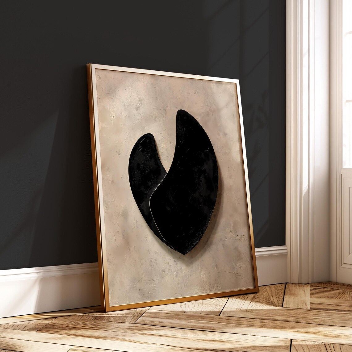 Abstract Japandi Wall Art Black Minimalist Geometric Print Neutral Textured Background Poster Modern