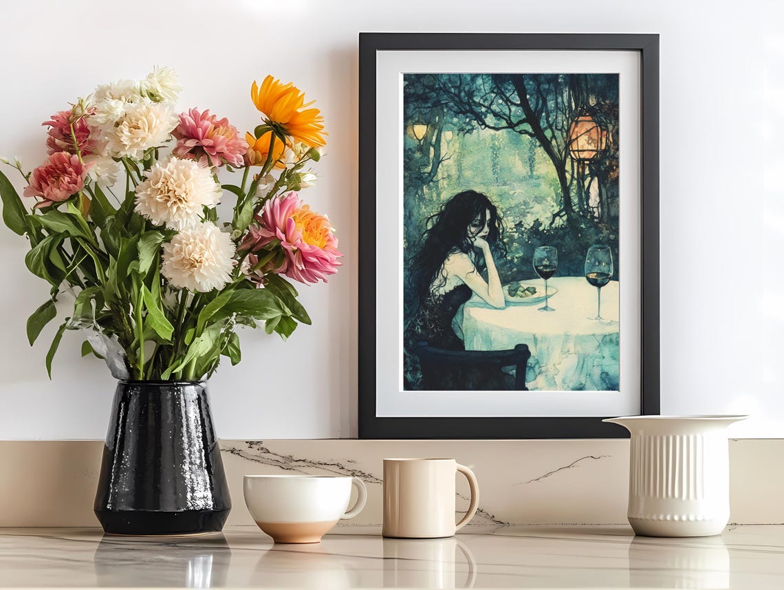 Romantic Woman Dining Alone Lantern Lit Garden Night Art Poster