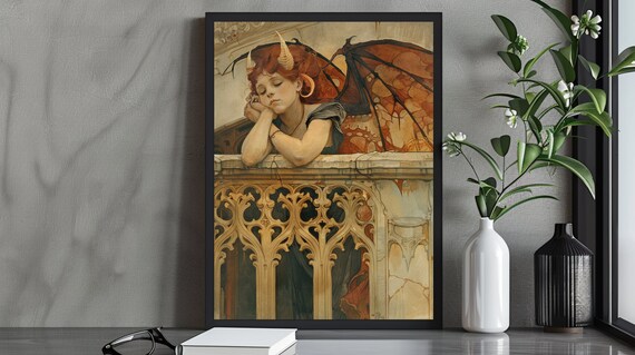 Dreamy Horned Demon Girl Resting on Ornate Balcony Art Nouveau Poster