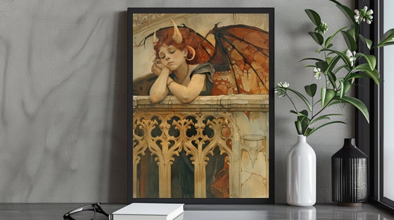 Gothic Winged Demon Girl Art Print Dreamy Fantasy Portrait On Ornate Balcony Mysterious And Enigmatic Wall Art Ethereal Gothic Decor