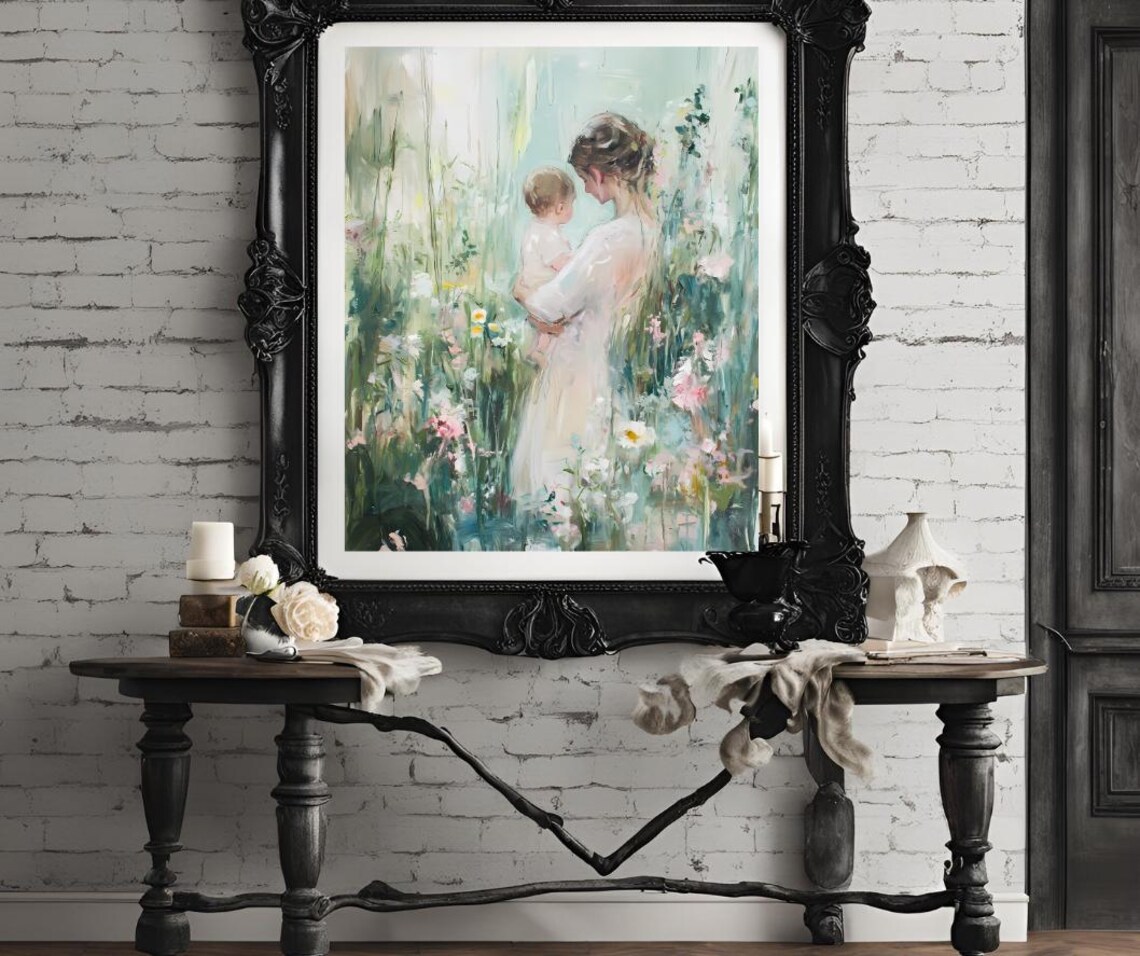 Mother Holding Her Baby in a Soft Flower Field Impressionist Poster - Image 4