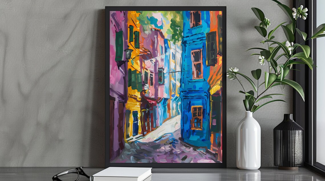 Colorful Old Town Street Painting Old Istanbul Cityscape Art Poster