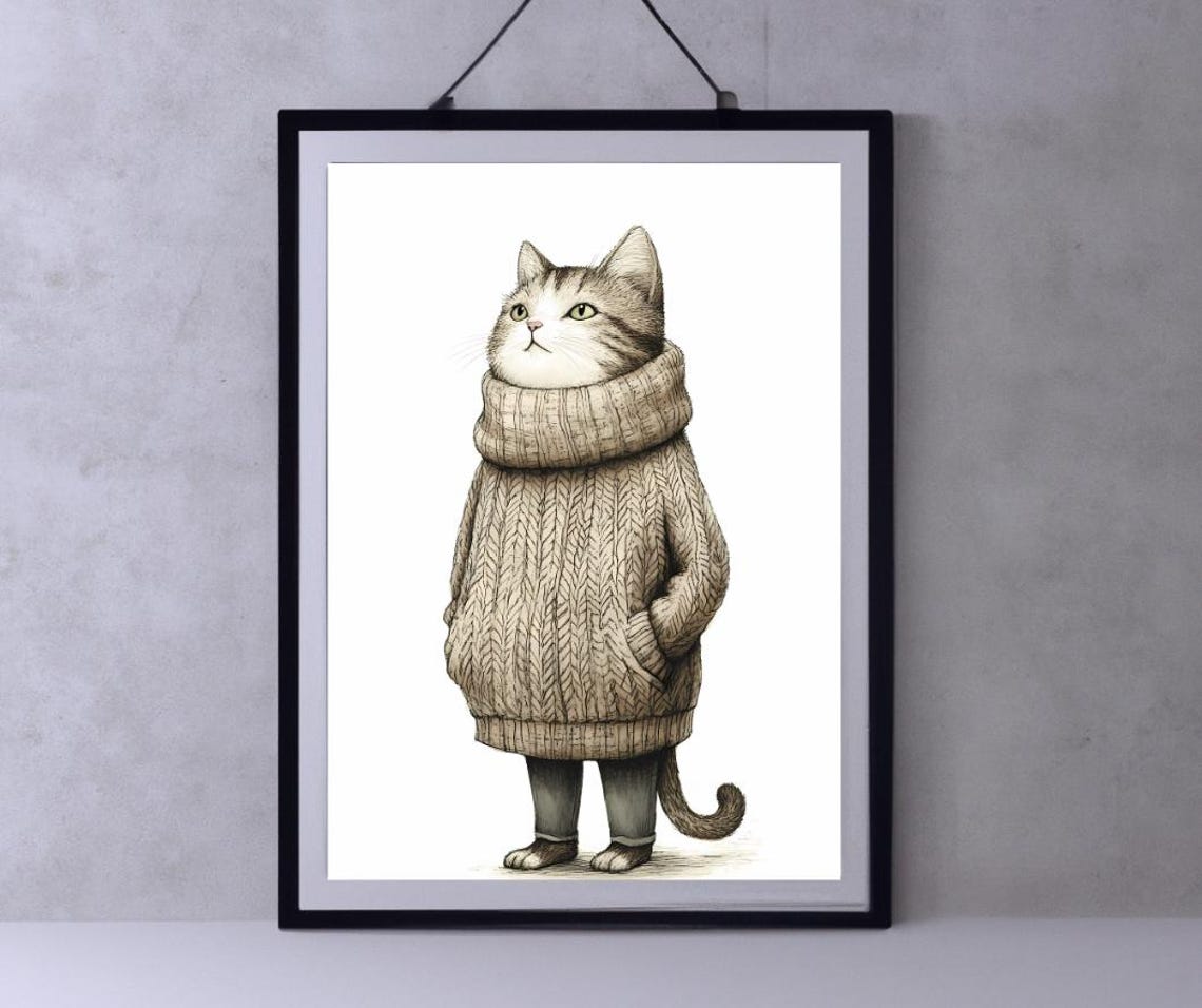 Tall Grey Cat In Oversized Cream Cable Knit Sweater Funny Poster