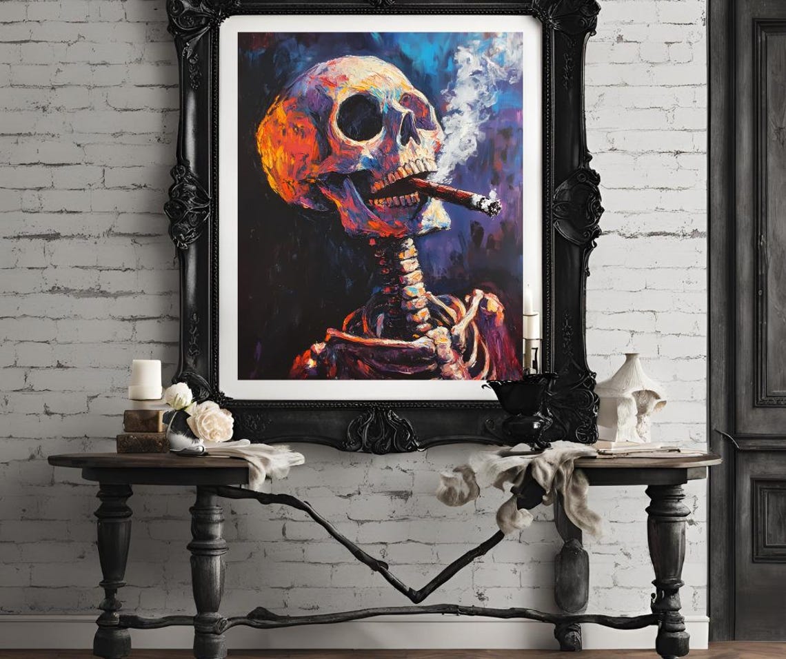 Van Gogh Print Skull Of A Skeleton With Burning Cigarette Moody Dark Academia Print Dark Wall Art Skull Art Print Gothic Wall Art - Image 4