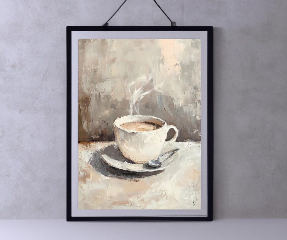 Steaming Coffee Cup Neutral Beige Kitchen Oil Painting Art Poster