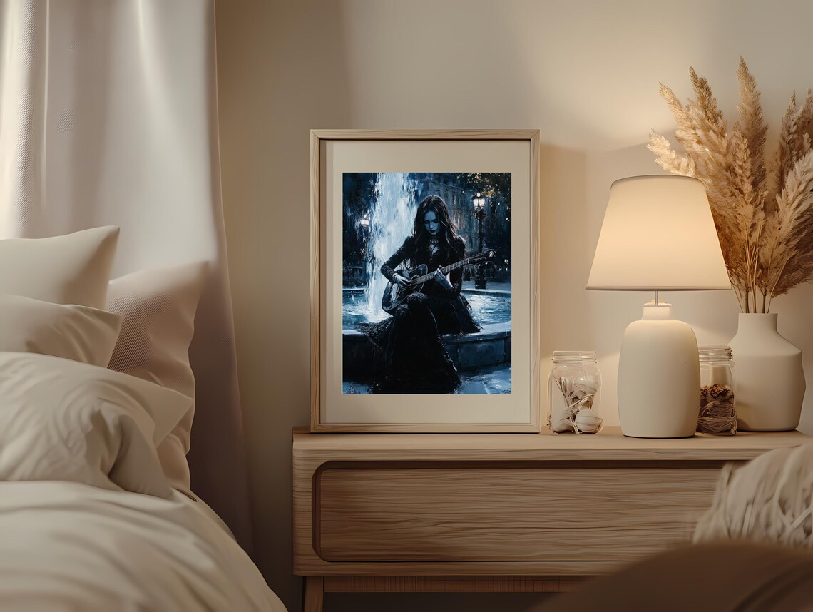 Gothic Woman Playing Guitar, Night Fountain Art Print - Image 2