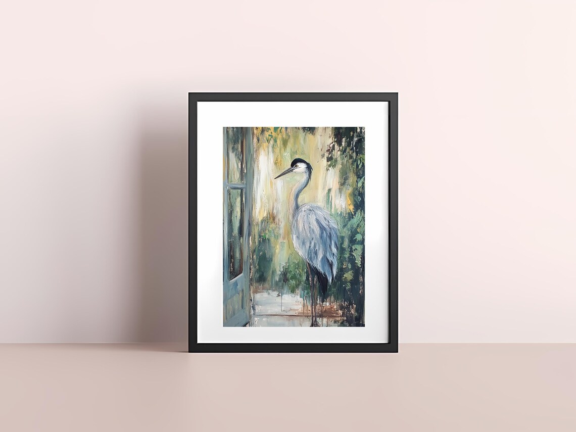 Elegant Grey Heron in a Sunlit Garden Impressionist Art Poster - Image 3