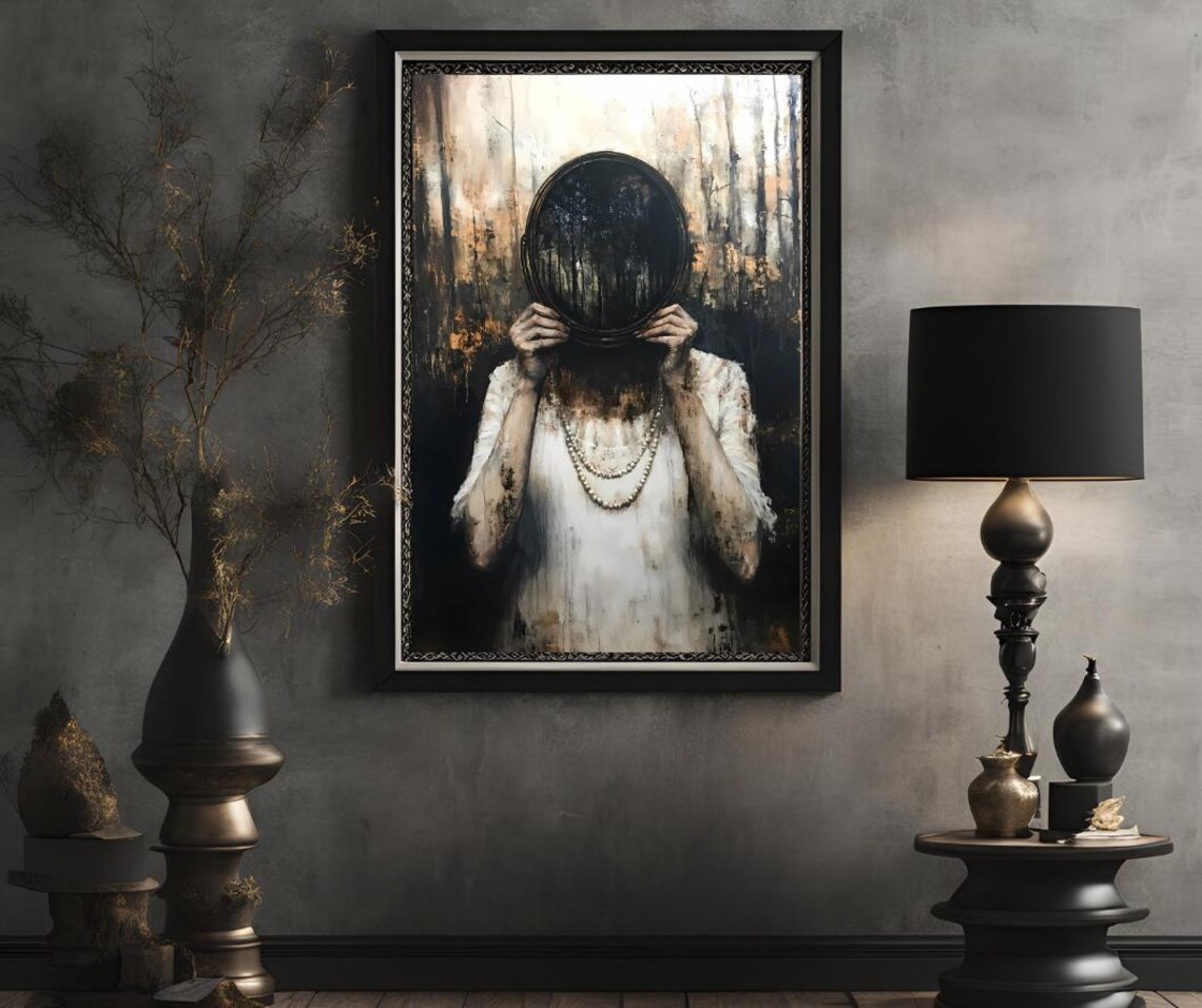 Moody Dark Academia Woman Holding Black Oval Mirror Witchy Gothic Poster - Image 2