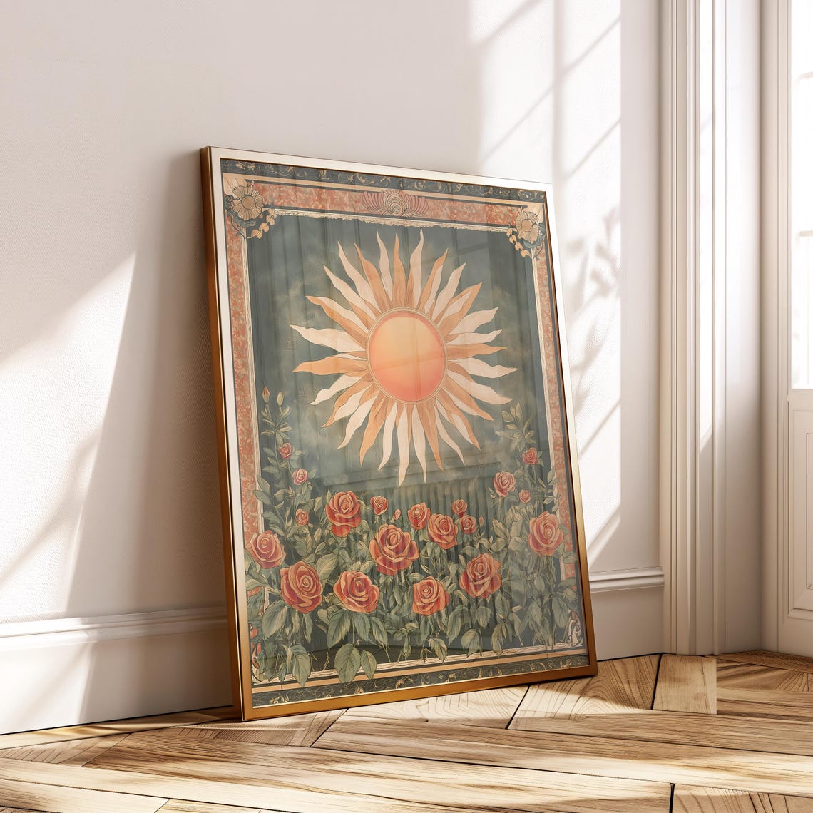 Vintage Sun and Roses Botanical Floral Poster Orange Red Garden Art