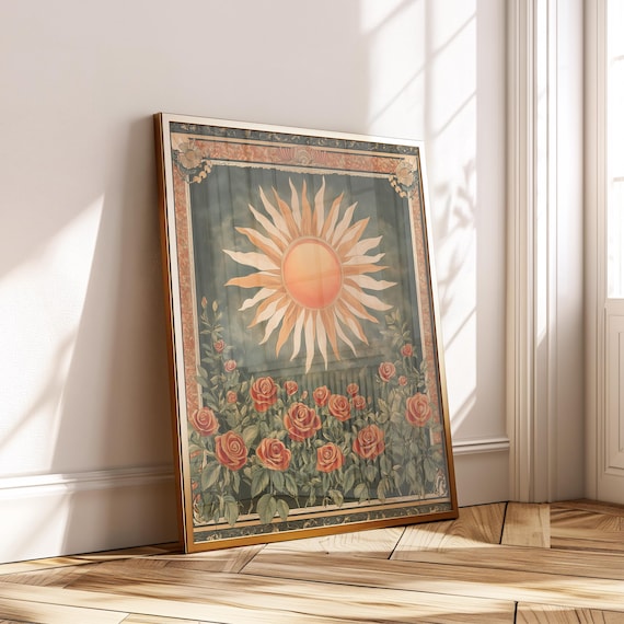 Vintage Sun And Roses Wall Art Mystical Floral Poster Orange Red Botanical Print Boho Instant For Home Decor