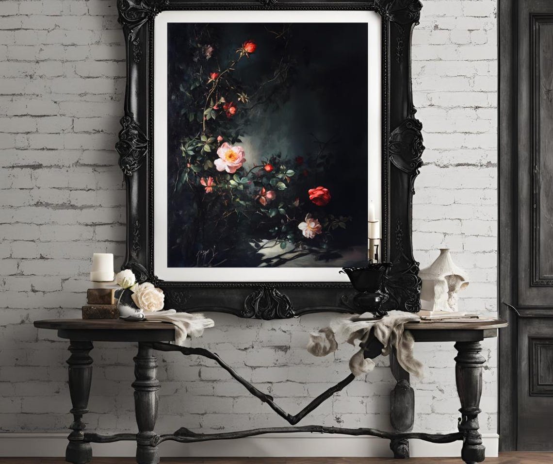 Moody Dark Roses in Deep Shadow Botanical Cottagecore Art Poster - Image 4