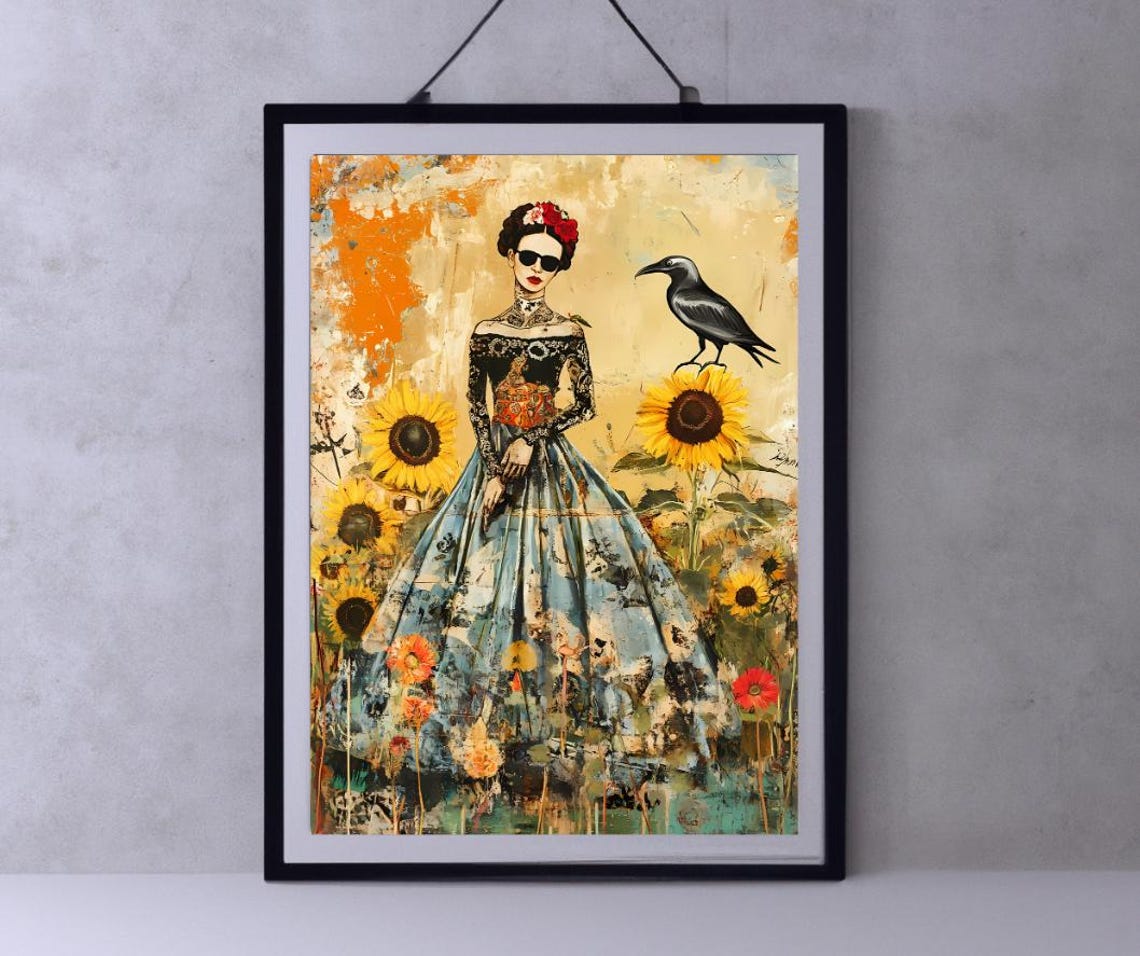 Eclectic Frida Inspired Art Boho Woman With Sunflowers And Crow Bold Wall Decor Gift For Art Lovers